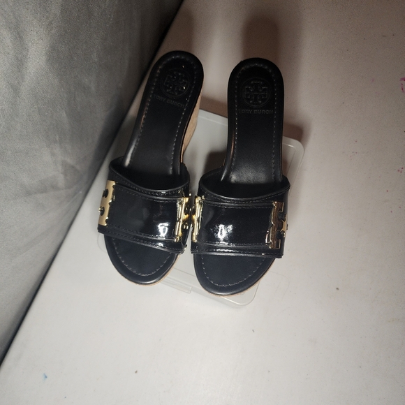 Tory Burch Black and Gold Wedge Sandals - Picture 6 of 6